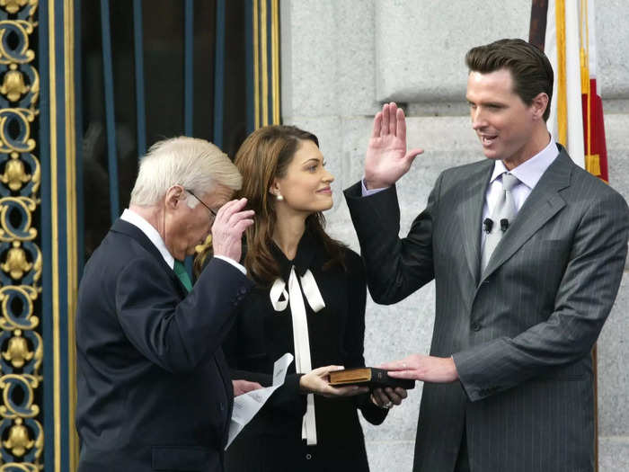 January 2004: Newsom was sworn in as mayor of San Francisco, and Guilfoyle moved to New York to host "Both Sides" on Court TV.