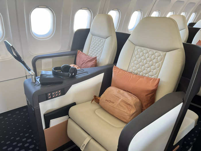 The 44 seats are all arranged in a 2-2 configuration, more like business class than economy.