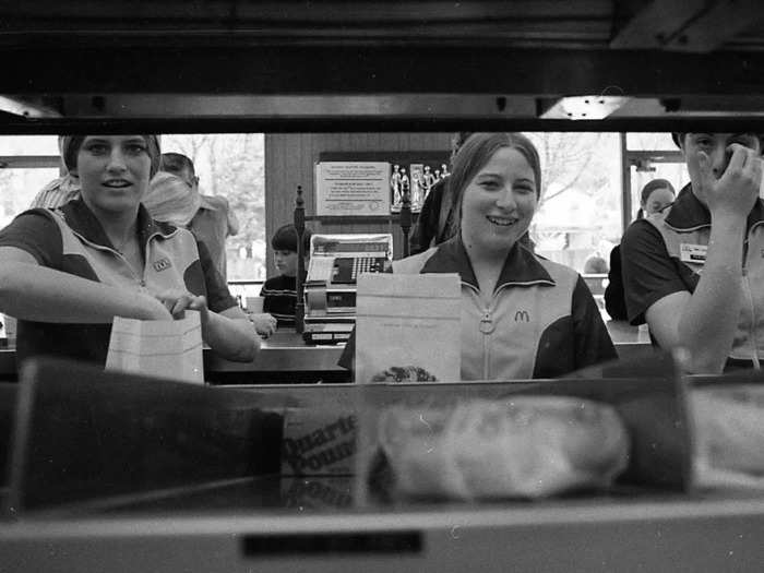 Customers could order at the counter and watch as their meal was being prepared by employees through a large window into the kitchen.