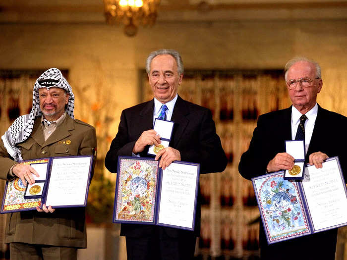 In October, the 1994 Nobel Peace Prize was awarded to Yasser Arafat, Yitzhak Rabin, and Shimon Peres "for their efforts to create peace in the Middle East."