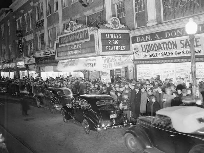 People wrapped around the block to catch the latest hit movies.