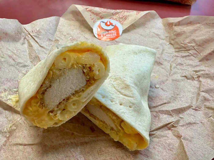 I first tried the Spicy Mac & Cheese wrap, which looked like stunt food.