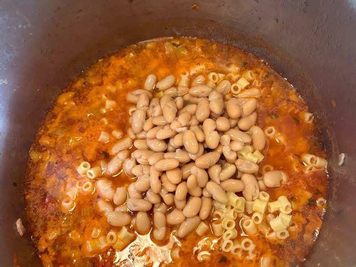 Then I added the beans and pasta and allowed them to heat through. 