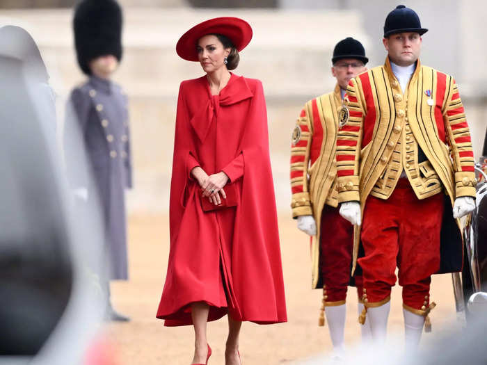 Kate chose a red coatdress with a statement bow for a state visit at the end of November 2023.