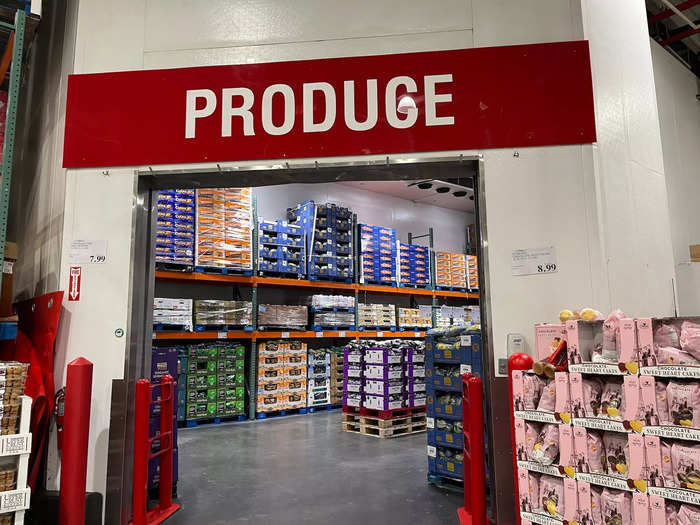 Some signs varied slightly between stores — for example, a sign at the Midwest Costco indicated "fresh produce," while the New York Costco just said "produce."