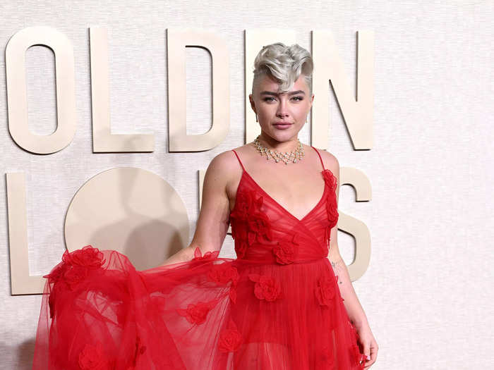 On Sunday, Florence Pugh wore a semi-sheer Valentino gown to the Golden Globes. 