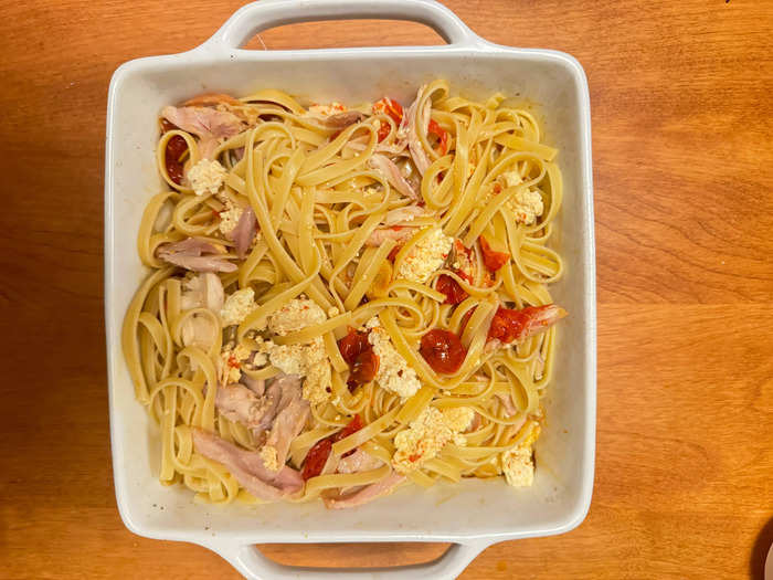 The chicken is perfect for dressing up a creamy, cheesy pasta dish. 