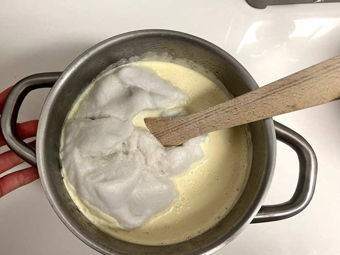 The next day, after realizing the mistake with my original egg whites, I whipped up a new batch and added them to the rest of the chilled eggnog mixture. 