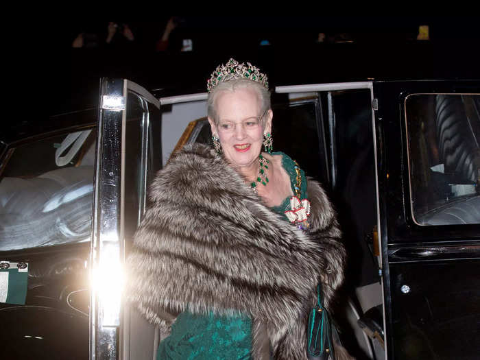 In 2015, Margrethe wore a green floor-length gown with a fur coat and emerald jewels. 