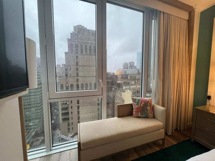 On the left side of the bed were floor-to-ceiling windows with views of midtown Manhattan, with a chaise to take it all in.