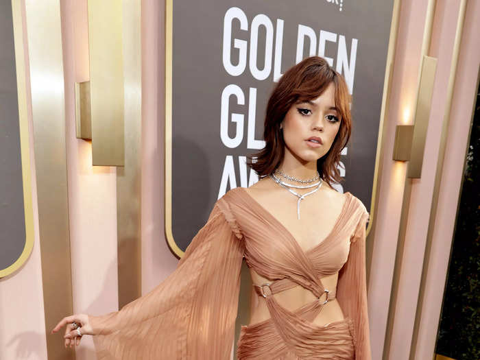 In January 2023, Ortega swapped out her "Wednesday" wardrobe for a nude gown with cutouts for the Golden Globes.