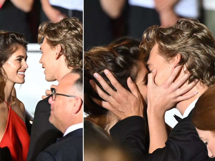 May 25, 2022: Butler and Gerber kiss on the red carpet following the premiere of "Elvis" at Cannes.