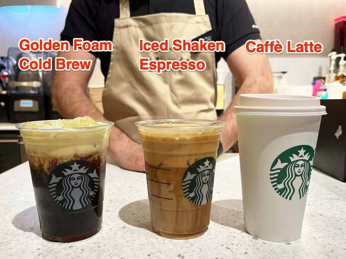 We got the Golden Foam cold brew, the iced shaken espresso, and the caffè latte.