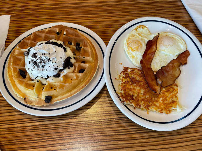 We started strong with the Oreo-cookie-crumble waffle breakfast combo.