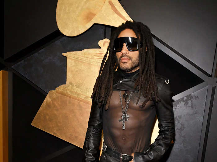 Lenny Kravitz sported a leather-and-mesh look for the red carpet.