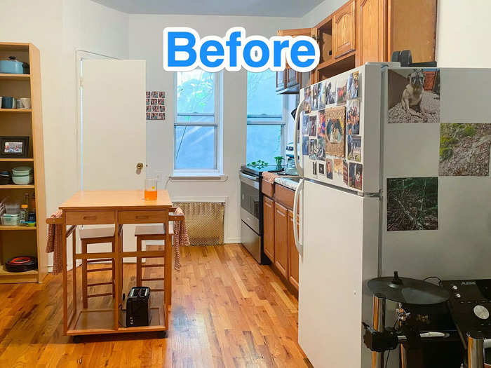 My previous apartment had a modest kitchen with wooden cabinets.