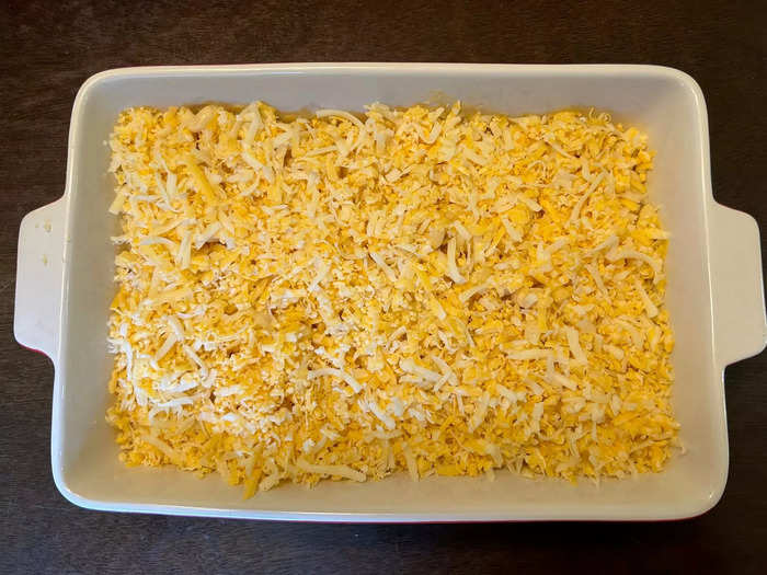 I added half of my cheese mixture on top, then repeated the steps before throwing my pan into the oven. 