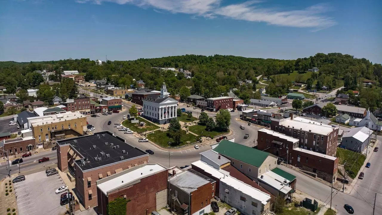 Aerial view of County courthouse and Clocktower in the historic small town of Paoli, Indiana.