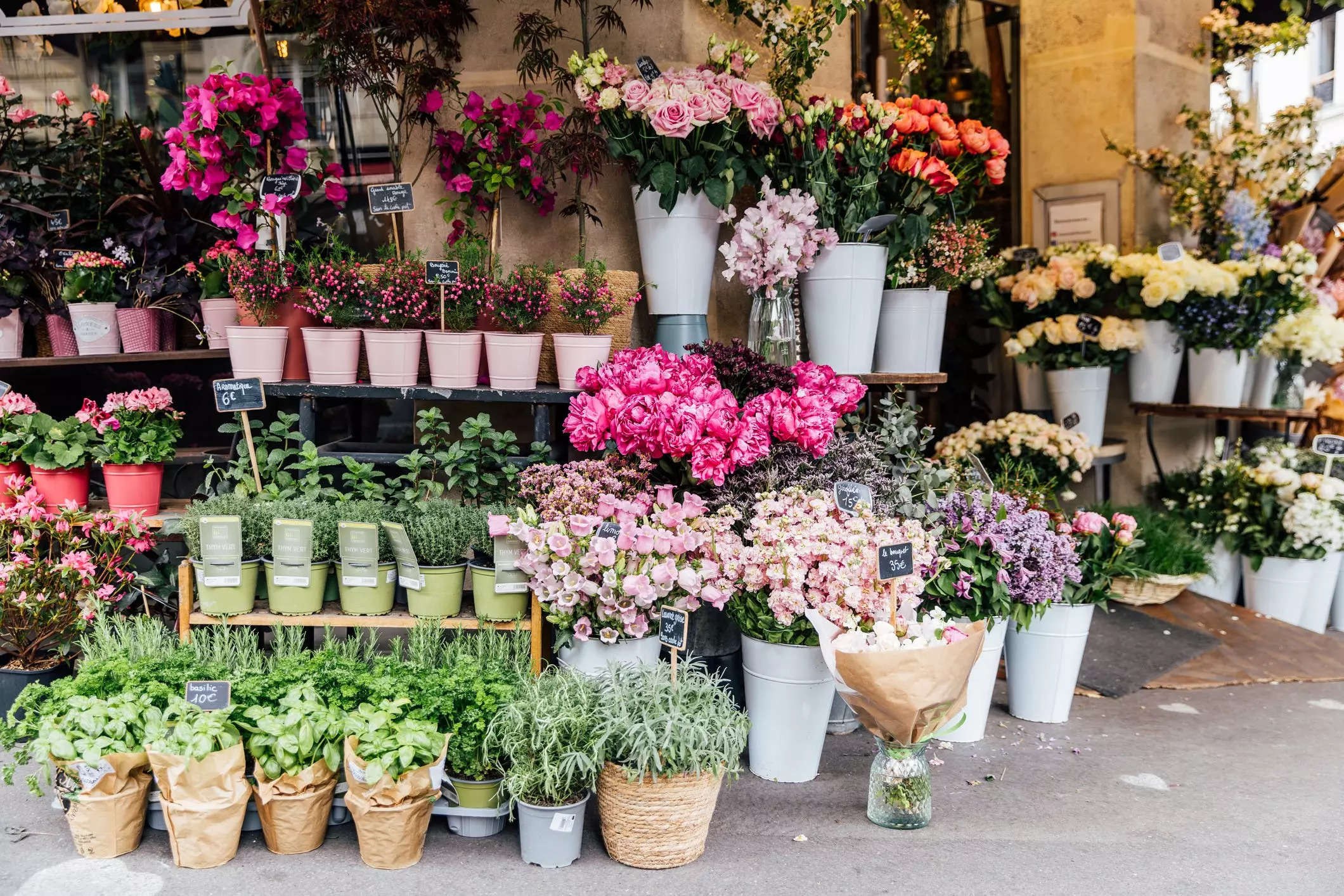 Buckets of flowers on sale at a floral stand