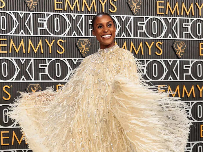 The sparkly embellishments and feather detailing on Issa Rae