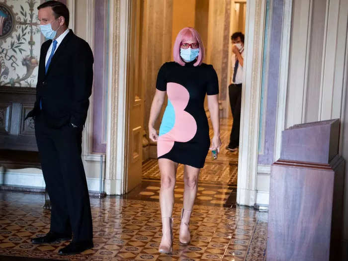 Her pink wig in June 2020 matched her graphic minidress.