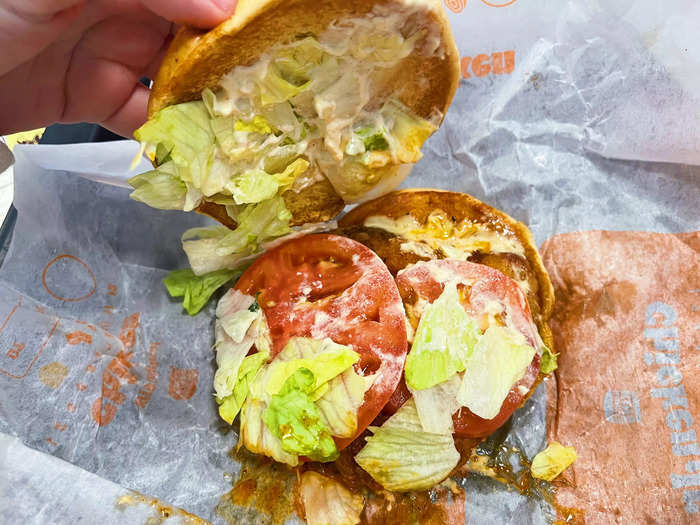 The spicy chicken sandwich — which was on the US menu — comes with a chicken breast coated in triple-pepper spicy glaze, savory sauce, lettuce, and tomatoes on a toasted potato bun.