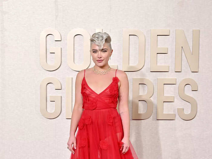 Pugh wore a see-through Valentino gown to the Golden Globes in January 2024.