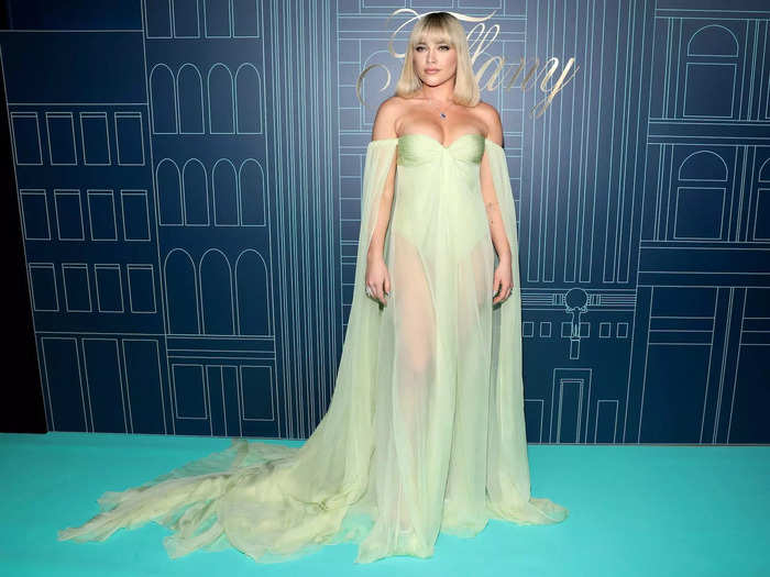 Pugh wore another sheer dress from Valentino at an event at Tiffany & Co. in April 2023.