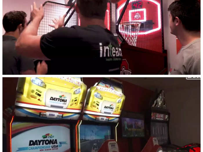 Football players at The Ohio State University can play pop-a-shot and arcade games in their locker area