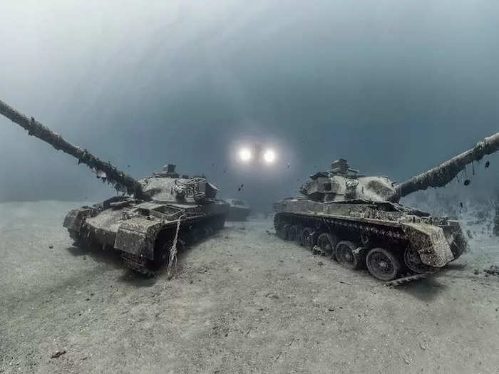 Two sunken Chieftain tanks at the underwater military museum in Aqaba, Jordan.