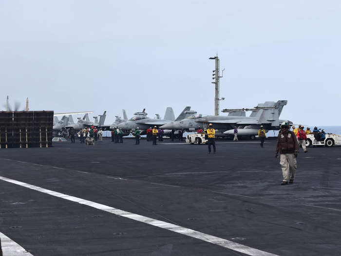 Most of the 70 aircraft on the carrier are on the flight deck. The rest of the planes are below in an area known as the "hangar bay," where maintenance is performed.