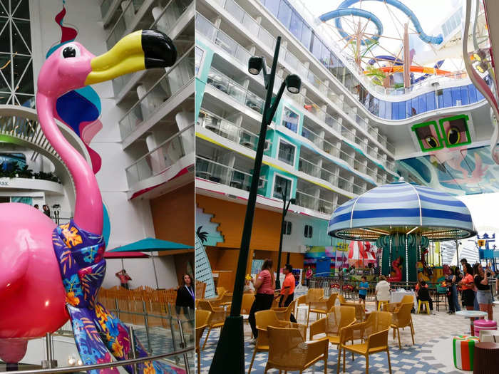 Just look at the giant flamingo statue, carousel, and small water playground.