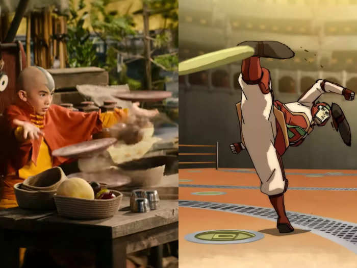 Aang airbends a set of plates in a familiar fighting style during his fight with Zuko. 
