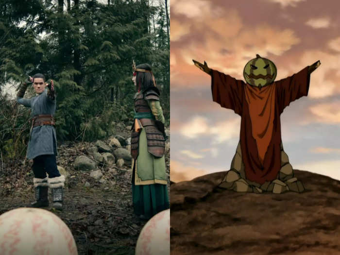 Sokka appears to be training with melons on Kyoshi island, echoing a sequence from the cartoon.