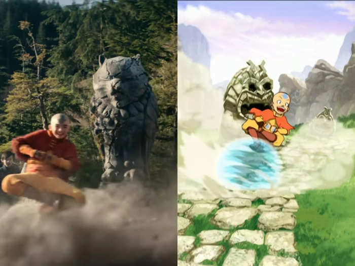 Aang runs into a statue on Kyoshi Island in a recreation of a shot from the cartoon.