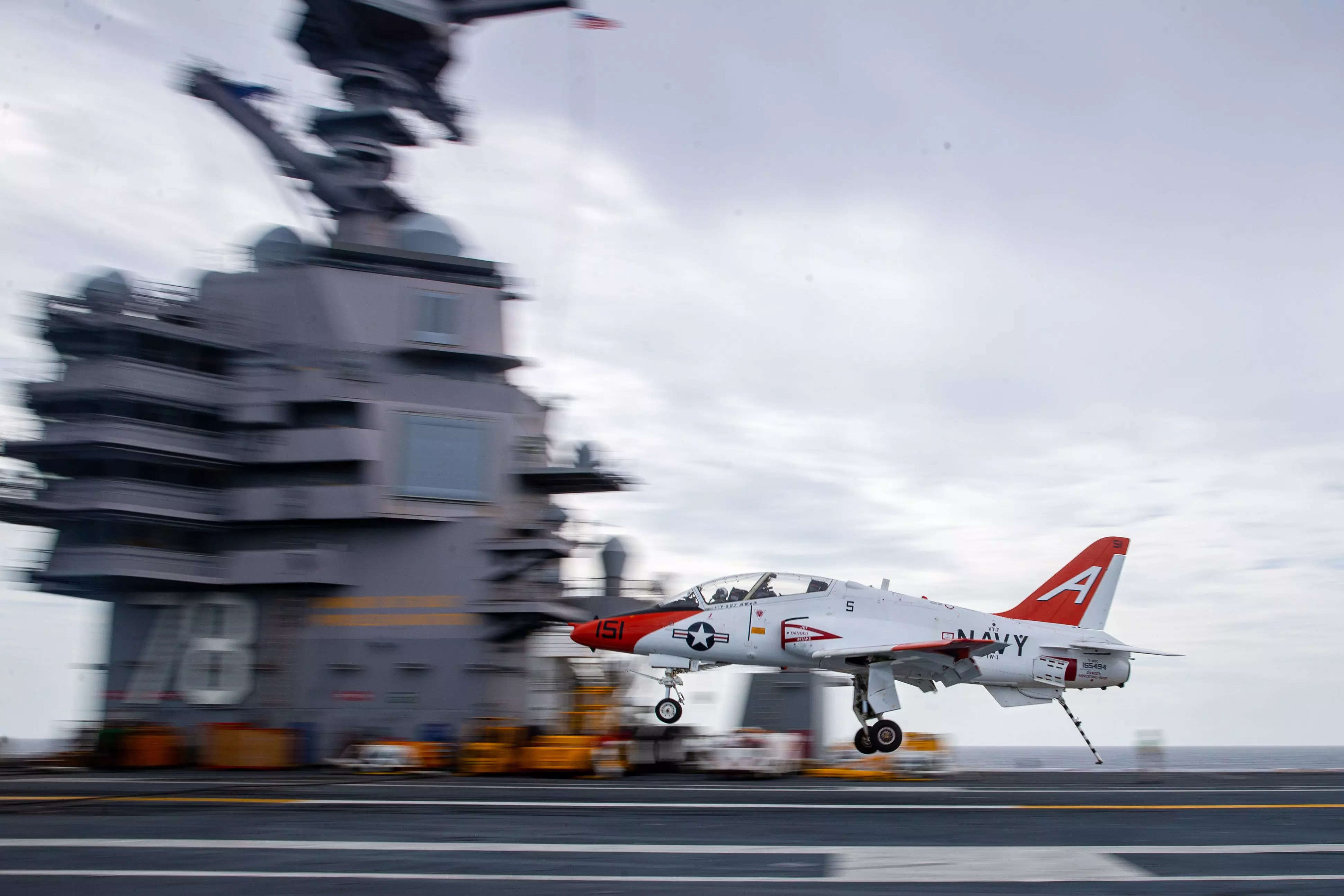 A T-45C Goshawk training aircraft attached to Training Air Wing (TAW) 1, lands aboard the aircraft carrier USS Gerald R. Ford (CVN 78) during flight operations, Sept. 12, 2020.