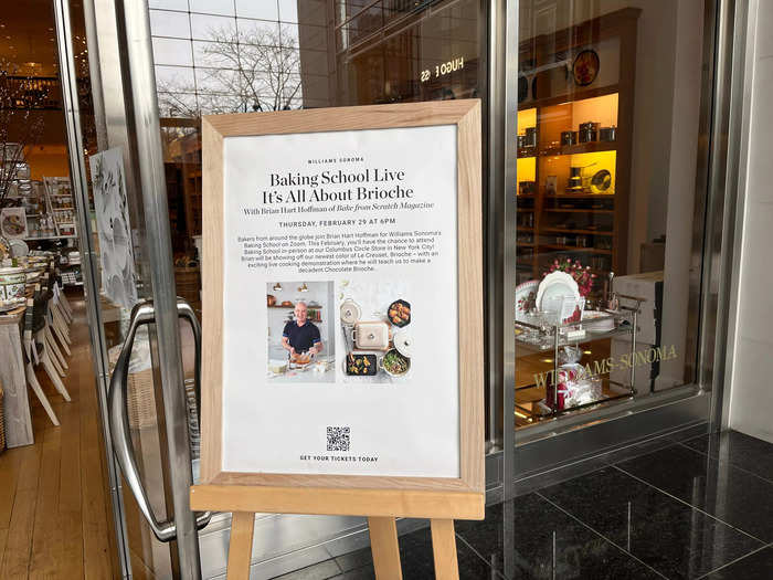 Outside the entrance to the store, posters advertised cooking classes with celebrity chefs and cookbook authors.