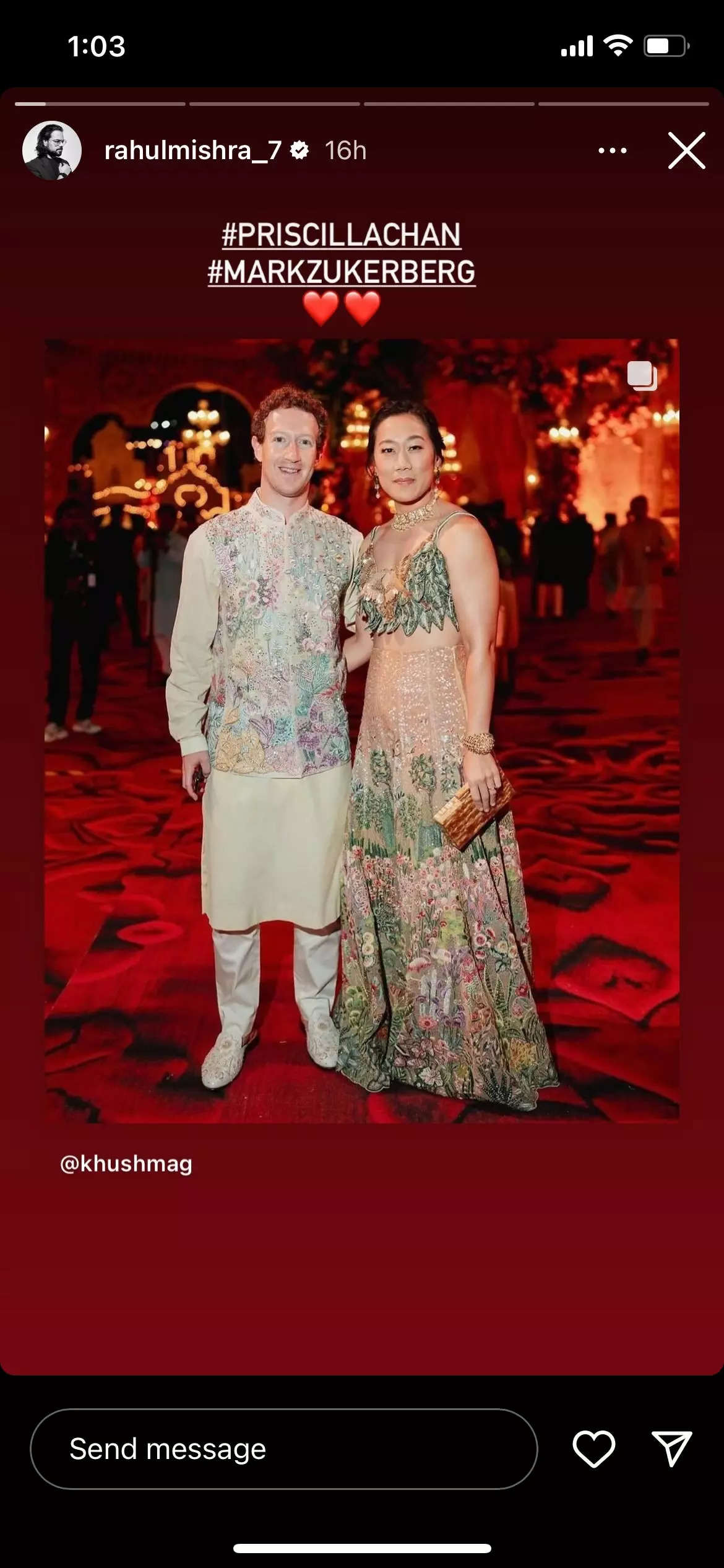 Screenshot of Mark Zuckerberg and Priscilla Chan on Rahul Mishra