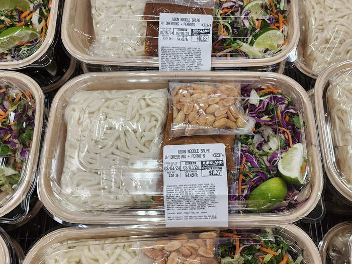 The Kirkland Signature udon-noodle salad with dressing and peanuts makes the perfect meal.