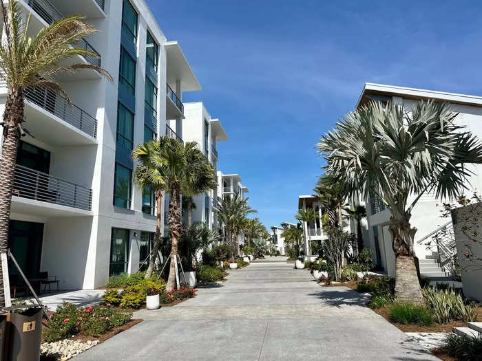 The homes are located along streets that mimic a beachy residential community.