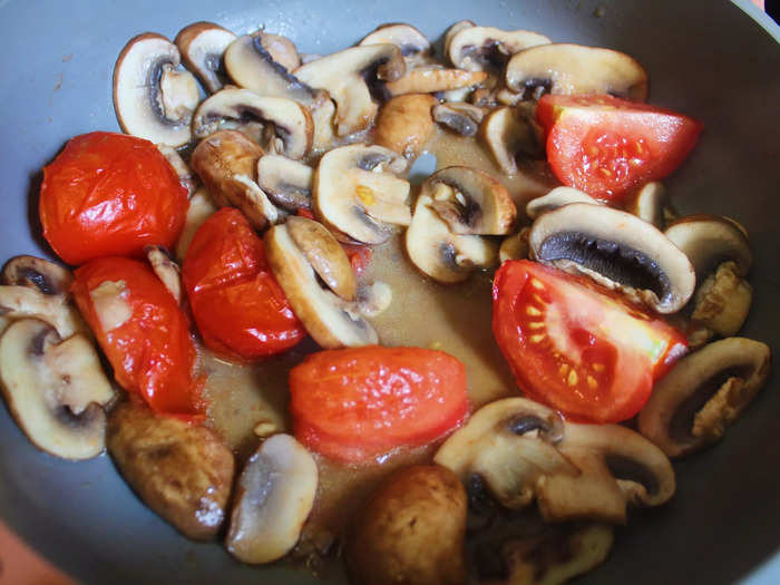 I then added the tomatoes and cooked them together until the tomatoes were slightly roasted on the outside.