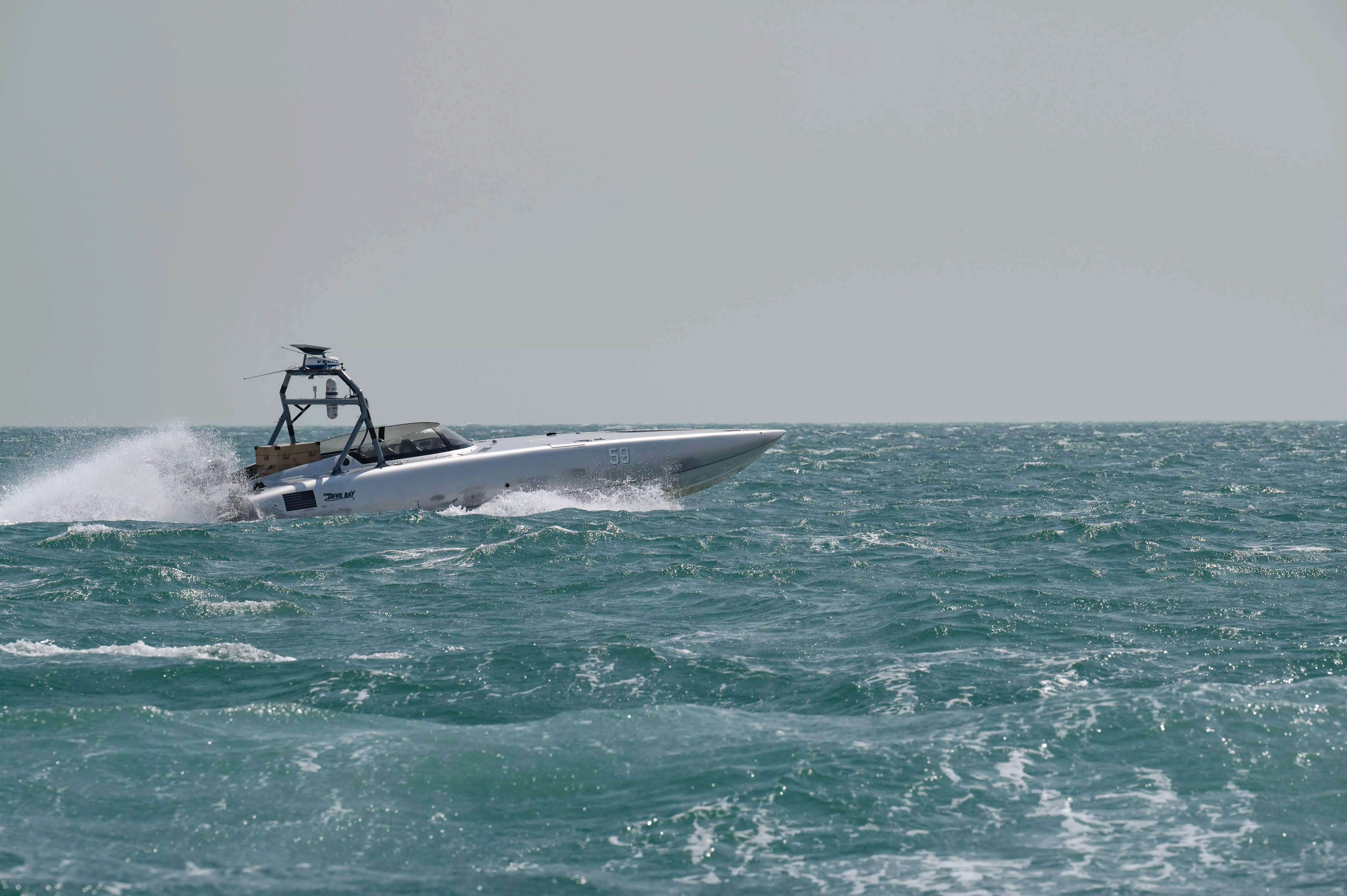 A MARTAC T-38 Devil Ray unmanned surface vehicle, equipped with a Lethal Miniature Aerial Missile System, operates in the Arabian Gulf, Oct. 26.