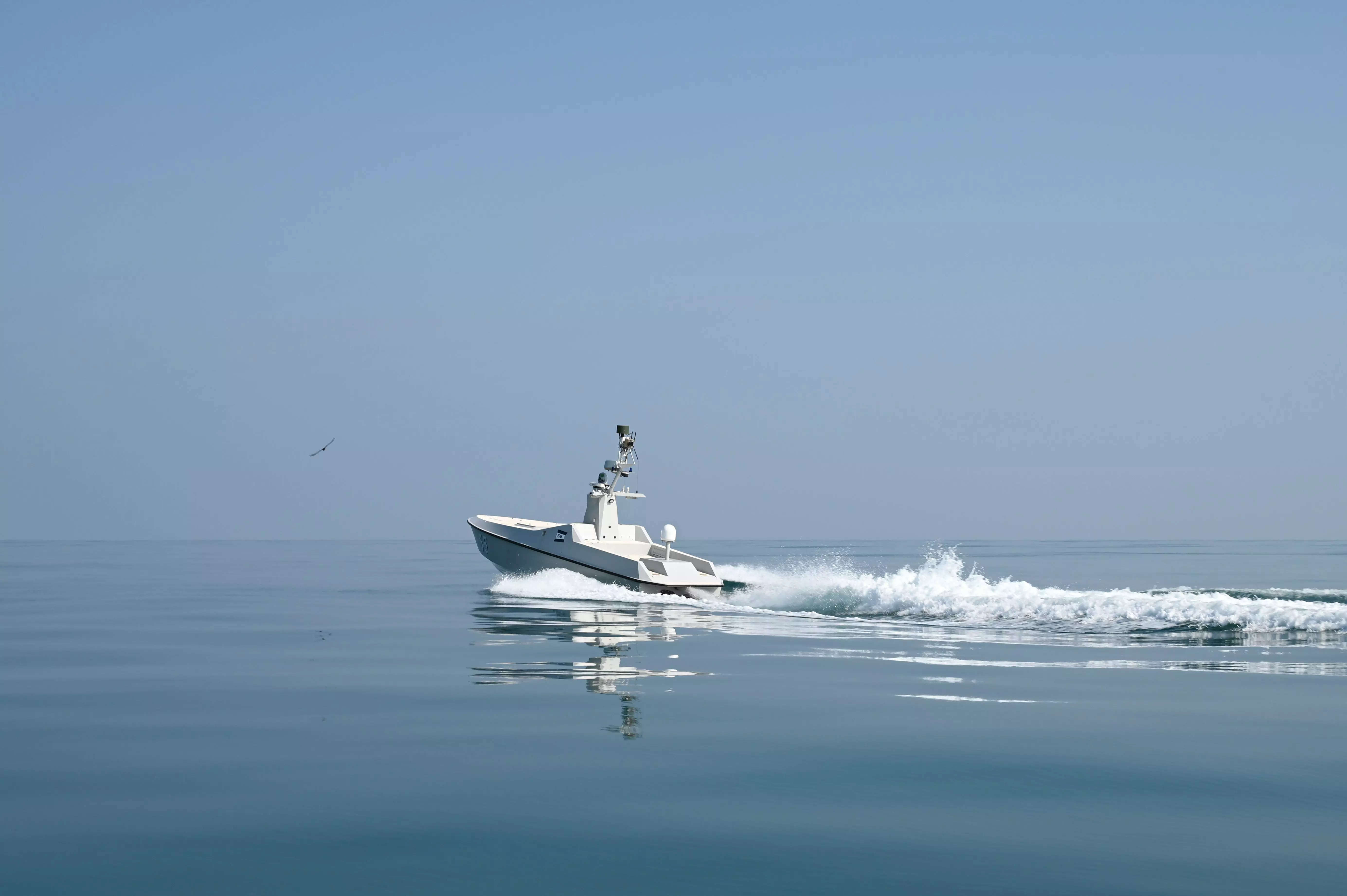 An L3Harris Arabian Fox MAST-13 unmanned surface vessel sails in the Arabian Gulf on Jan. 22