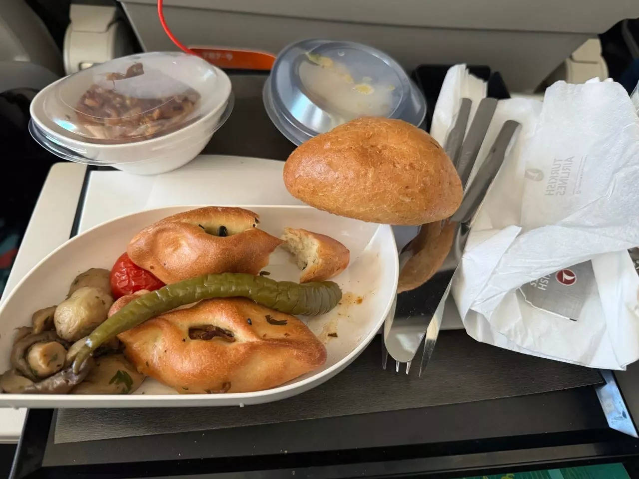 Meal on airplane table tray on Turkish Airlines flight 
