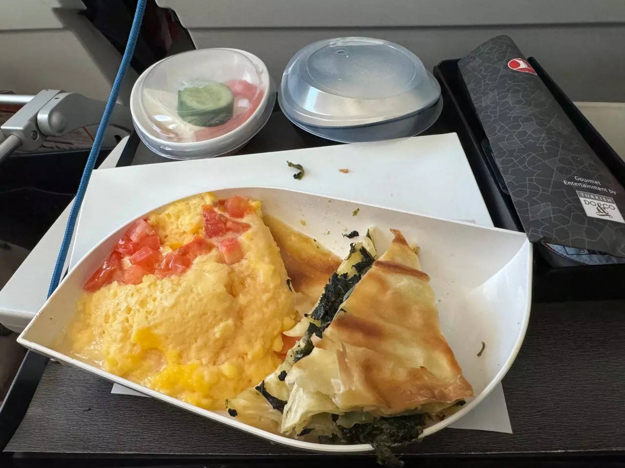 Food on Turkish Airlines flight tray. table 