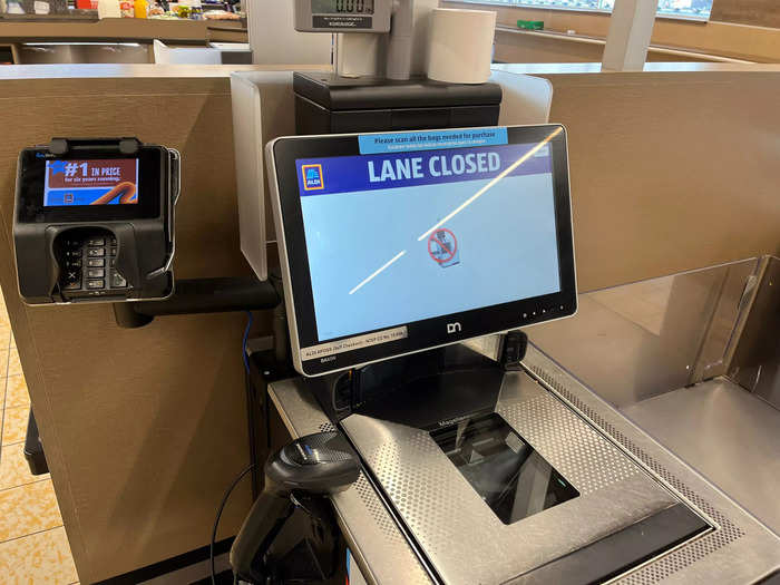 Most of the self-checkout kiosks were closed.