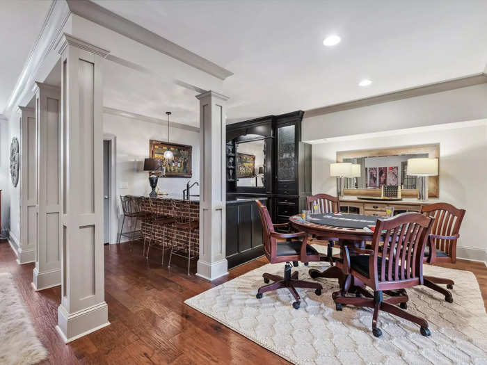 The basement has two levels and is designed for entertaining.