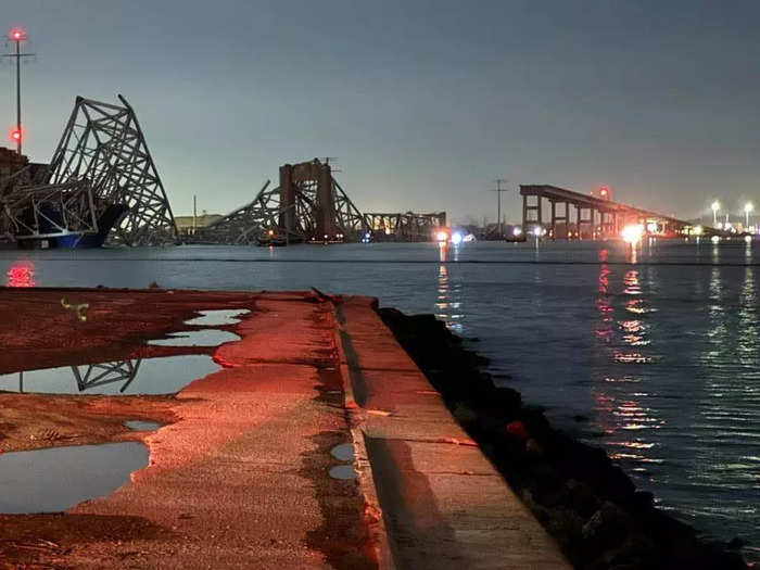 A local rescue service shared another view of the collapsed bridge and ship