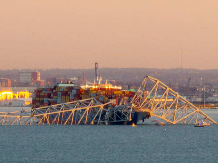 The remains of the bridge in Baltimore on Tuesday morning