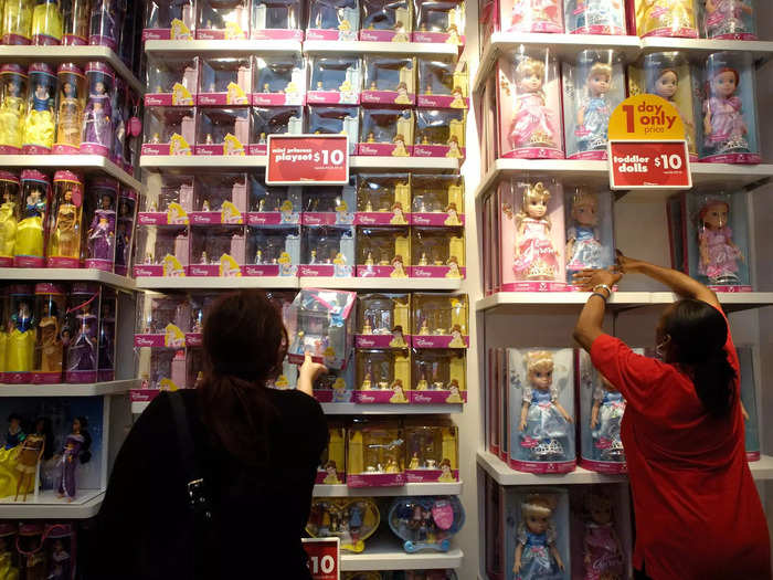 Princess dolls, costumes, and action-figure sets were other big draws when discounted.